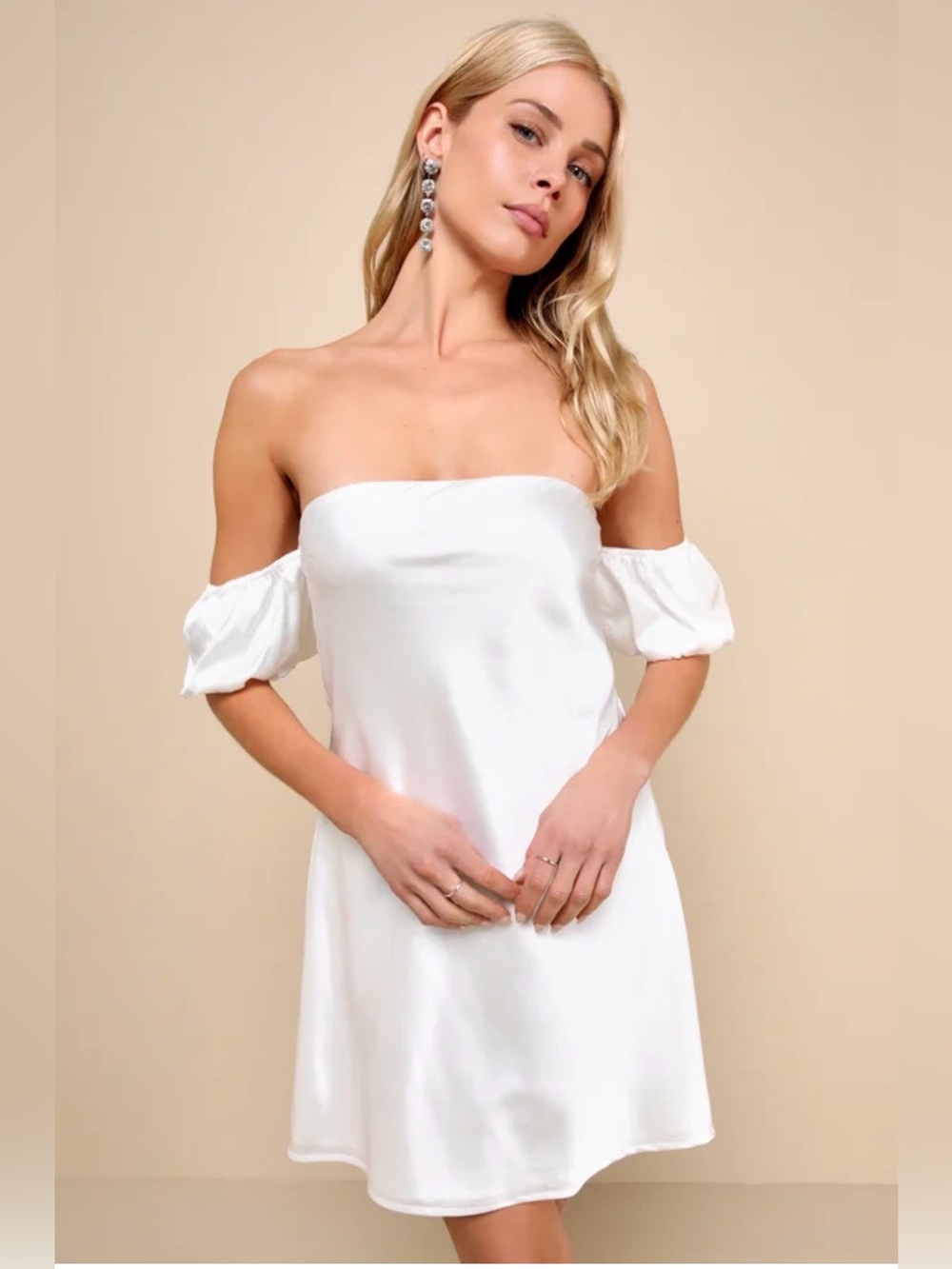 Lulus Sensational Feeling White Satin Off-the-shoulder Mini Dress - Size L